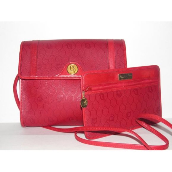 Dior Vintage Red Honeycomb Print Crossbody 2-Way Coated Canvas And Red Leather - Picture 9 of 12